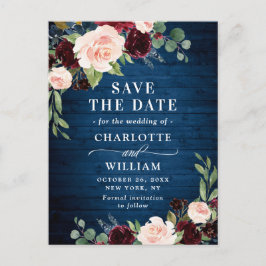 Burgundy Blue Blush Rustic Wedding Save the Date Postkarte