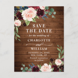Burgundy Blue Blush Rustic Wedding Save the Date Postkarte