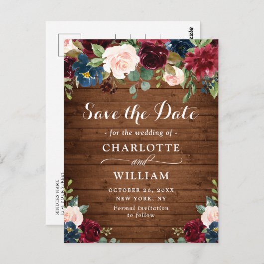 Burgundy Blue Blush Rustic Wedding Save the Date Postkarte (Vorne/Hinten)