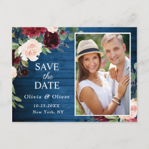 Burgundy Blue Blush Wedding Foto Save the Date Postkarte