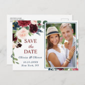 Burgundy Blue Blush Wedding Foto Save the Date Postkarte (Vorne/Hinten)