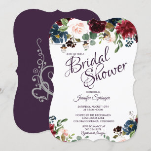 Burgundy & Blue English Blume Brautparty Einladung