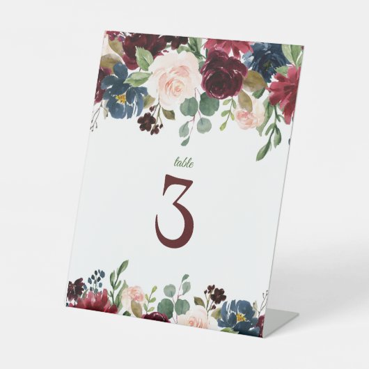 Burgundy & Blue English Blume Tischnummer Sockelschild (Vorderseite)