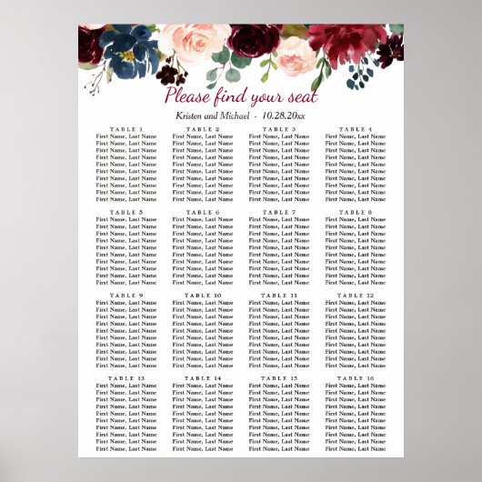 Burgundy Blue Floral 16 Tische Seating Chart Poster (Vorne)