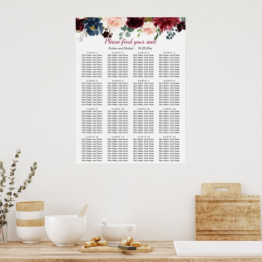 Burgundy Blue Floral 16 Tische Seating Chart Poster (Küche)