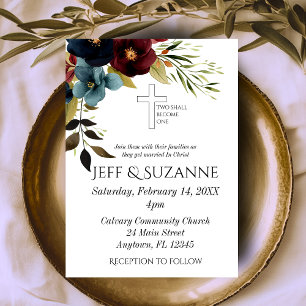 Burgundy Blue Floral Cross Two wird eine Hochzeit Einladung