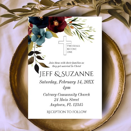 Burgundy Blue Floral Cross Two wird eine Hochzeit Einladung