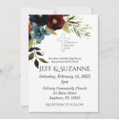 Burgundy Blue Floral Cross Two wird eine Hochzeit Einladung (Vorderseite)