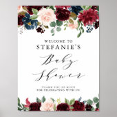Burgundy & Blue Floral Garland Baby Dusche Willkom Poster (Vorne)