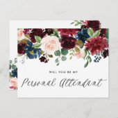Burgundy & Blue Floral Garland Personal Attendant Einladungspostkarte (Vorne/Hinten)