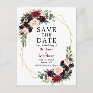Burgundy Blue Floral Geo Frame Save the Date Postkarte