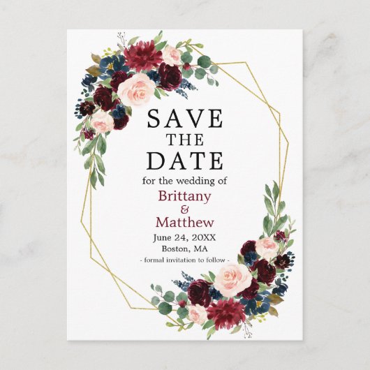 Burgundy Blue Floral Geo Frame Save the Date Postkarte (Vorderseite)
