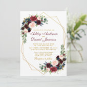 Burgundy Blue Floral Geometric Gold Wedding Einladung (Stehend Vorderseite)