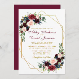 Burgundy Blue Floral Geometric Gold Wedding Einladung