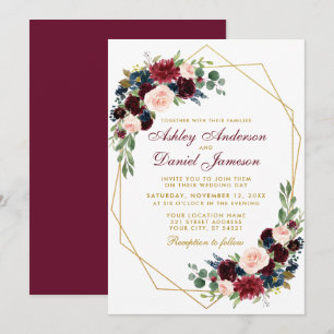 Burgundy Blue Floral Geometric Gold Wedding Einladung