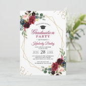 Burgundy Blue Floral Geometric Graduation Party Einladung (Stehend Vorderseite)
