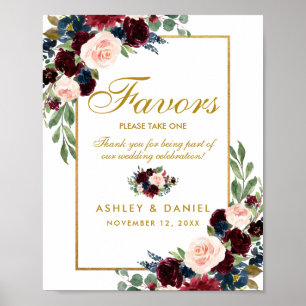 Burgundy Blue Floral Gold Gastgeschenke Hochzeiten Poster