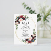 Burgundy Blue Floral Gold Geo Frame Save the Date Postkarte (Stehend Vorderseite)