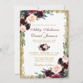 Burgundy Blue Floral Gold Glitzer Wedding B Einladung (Vorderseite)