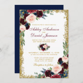 Burgundy Blue Floral Gold Glitzer Wedding B Einladung (Vorne/Hinten)