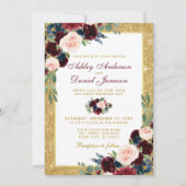 Burgundy Blue Floral Gold Glitzer Wedding B Einladung (Vorderseite)