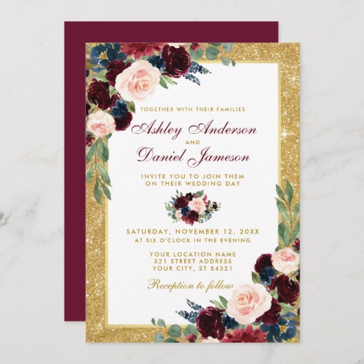 Burgundy Blue Floral Gold Glitzer Wedding B Einladung (Vorne/Hinten)