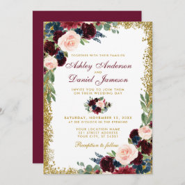Burgundy Blue Floral Gold Glitzer Wedding Einladung