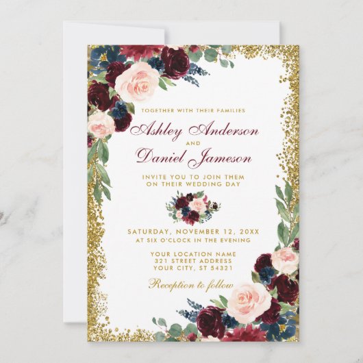 Burgundy Blue Floral Gold Glitzer Wedding W Einladung (Vorderseite)