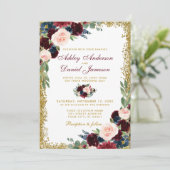 Burgundy Blue Floral Gold Glitzer Wedding W Einladung (Stehend Vorderseite)