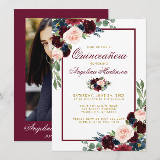 Burgundy Blue Floral Gold Quinceanera Foto Einladung