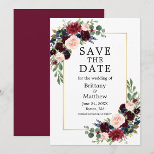 Burgundy Blue Floral Gold Save The Date