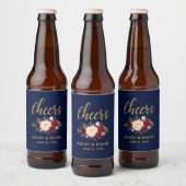 Burgundy Blue Floral Gold Wedding Cheers Bierflaschenetikett (Flaschen)