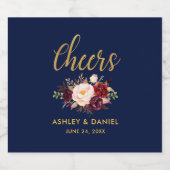 Burgundy Blue Floral Gold Wedding Cheers Bierflaschenetikett (Einzelnes Label)