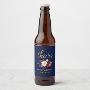 Burgundy Blue Floral Gold Wedding Cheers Bierflaschenetikett