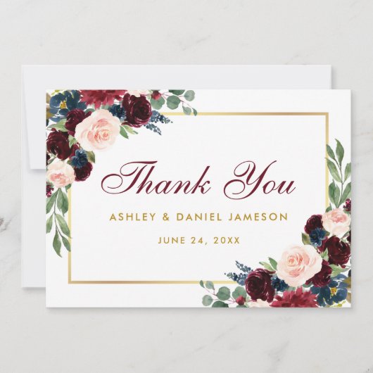 Burgundy Blue Floral Gold Wedding Danke (Vorderseite)