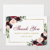 Burgundy Blue Floral Gold Wedding Danke (Vorne/Hinten)