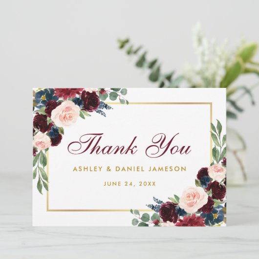 Burgundy Blue Floral Gold Wedding Danke BG (Stehend Vorderseite)