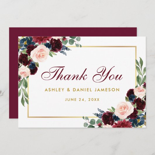 Burgundy Blue Floral Gold Wedding Danke BG (Vorne/Hinten)
