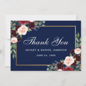 Burgundy Blue Floral Gold Wedding Dankeskarte (Vorderseite)