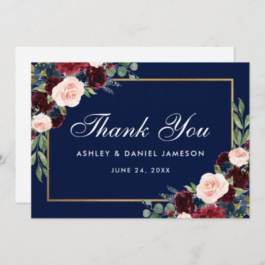 Burgundy Blue Floral Gold Wedding Dankeskarte (Vorne/Hinten)