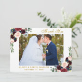 Burgundy Blue Floral Gold Wedding Foto B Dankeskarte (Stehend Vorderseite)