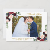 Burgundy Blue Floral Gold Wedding Foto Dankeskarte (Vorderseite)