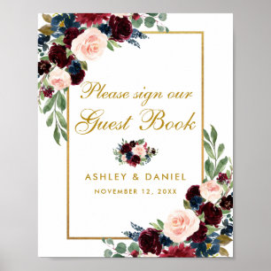 Burgundy Blue Floral Gold Wedding Guest Book Poster