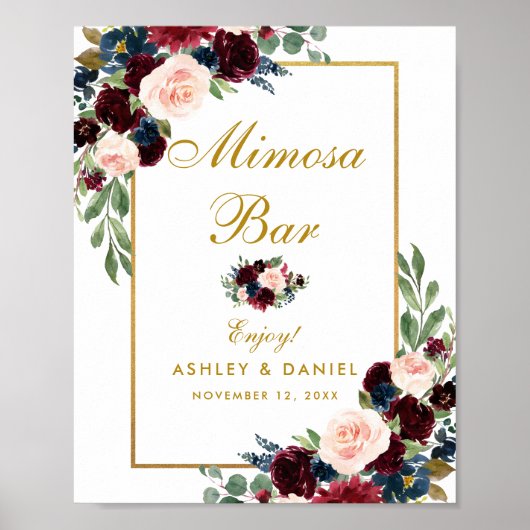 Burgundy Blue Floral Gold Wedding Mimosa Bar Poster (Vorne)