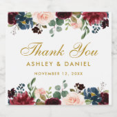 Burgundy Blue Floral Gold Wedding Schaumweinetikett (Einzelnes Label)