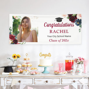 Burgundy Blue Floral Grad Foto Graduation Party Banner