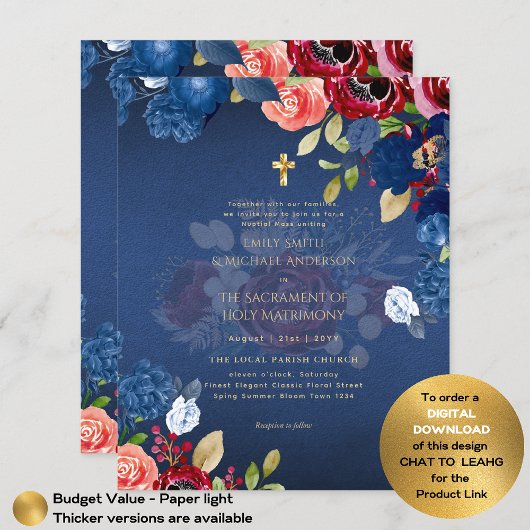Burgundy Blue Floral Katholic Nuptial Mass Wedding Flyer