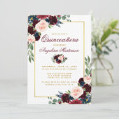 Burgundy Blue Floral Quinceanera Gold Einladung (Stehend Vorderseite)
