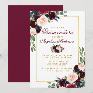 Burgundy Blue Floral Quinceanera Gold Einladung