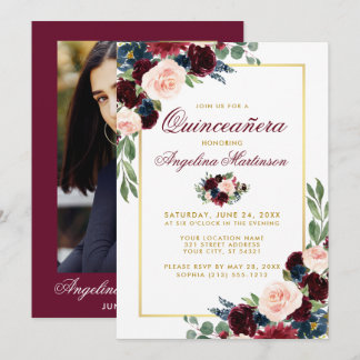 Burgundy Blue Floral Quinceanera Gold Foto Einladung